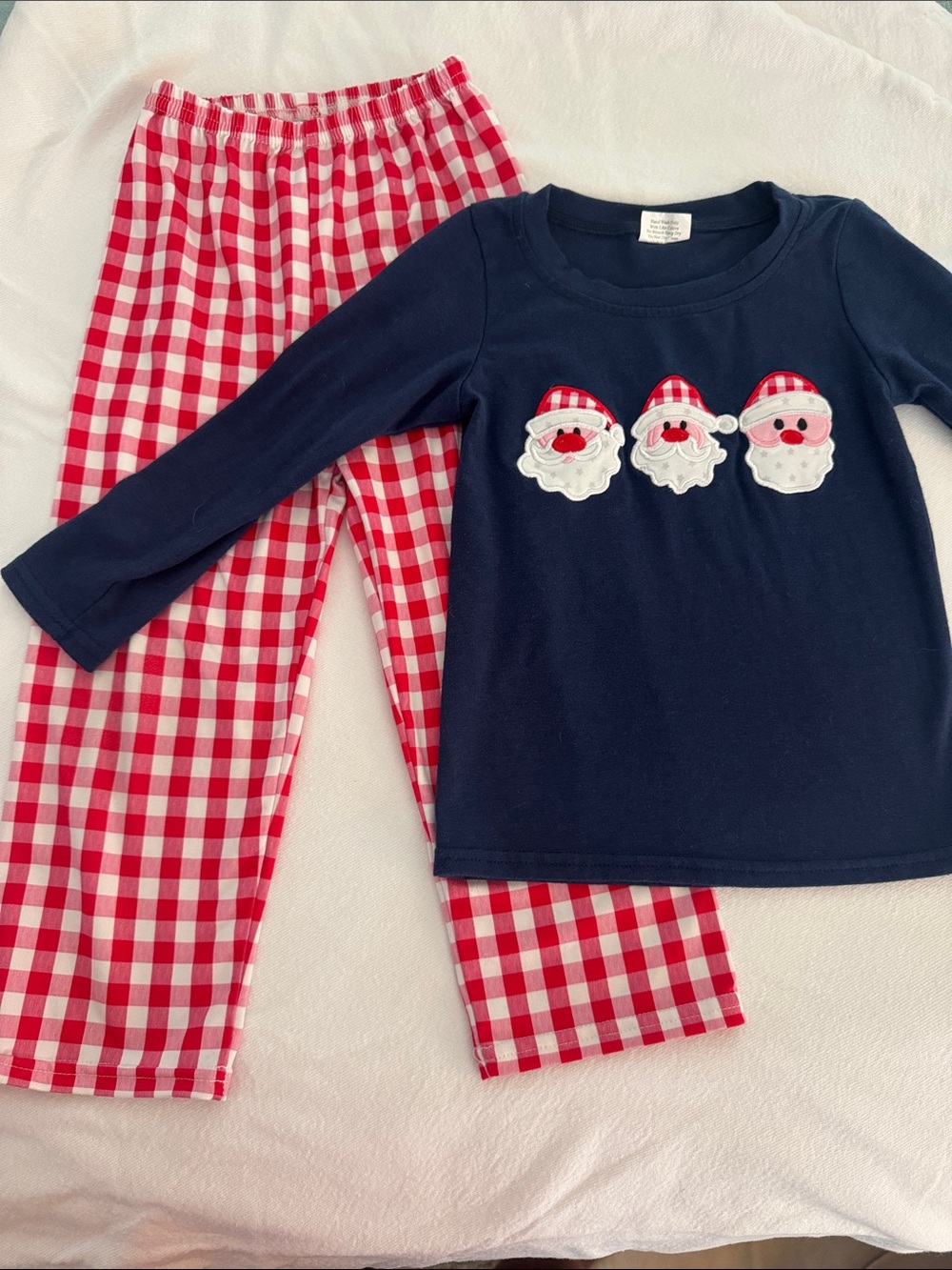 Unisex Navy Santa Applique Matching Set with Red Gingham Pants, Sz 3T